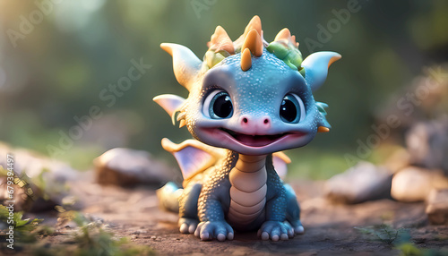 generative ai. A little dragon with beautiful big eyes is happy and smiling. The good dragon. Colorful illustration. Close-up  macro. Symbol of the new year 2024