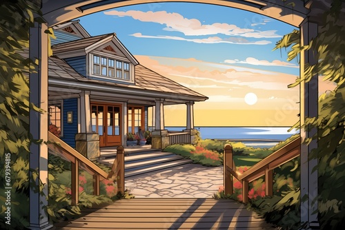 entrance of a beachfront shingle style property, magazine style illustration photo