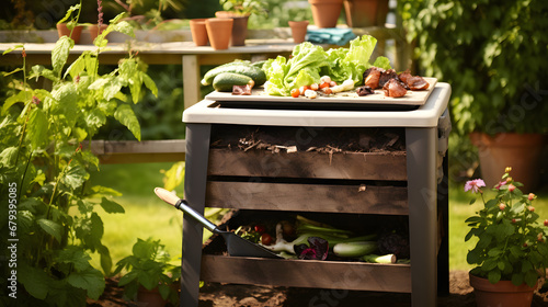 A home compost bin filled with organic waste promoting waste reduction.
