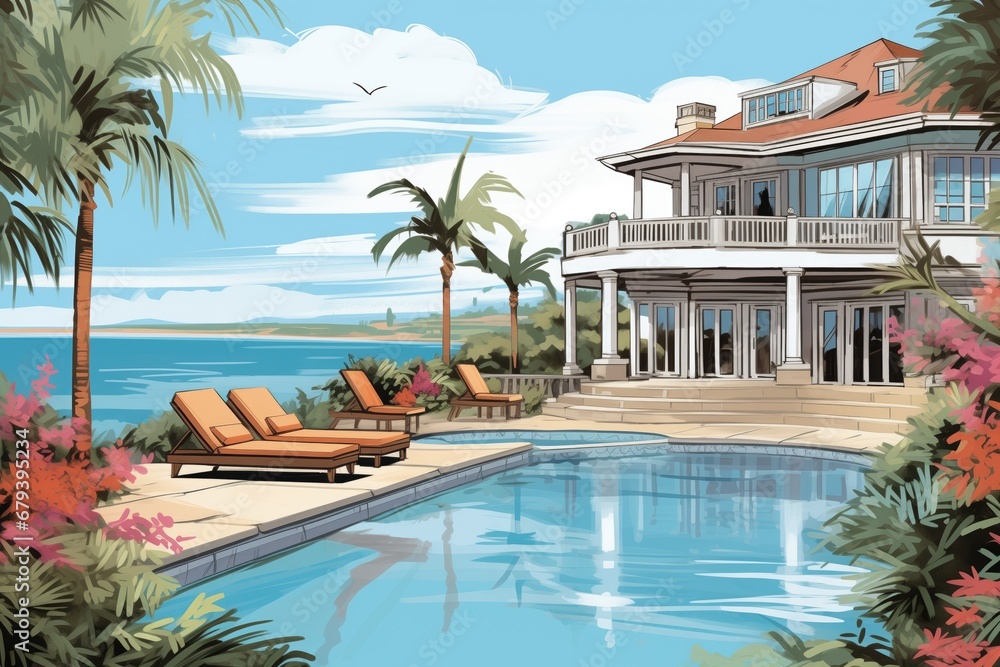 waterfront coastal estate with a pool and sea backdrop, magazine style illustration