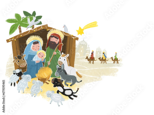 cartoon illustration of the holy family josef mary traditional scene illustration for the children