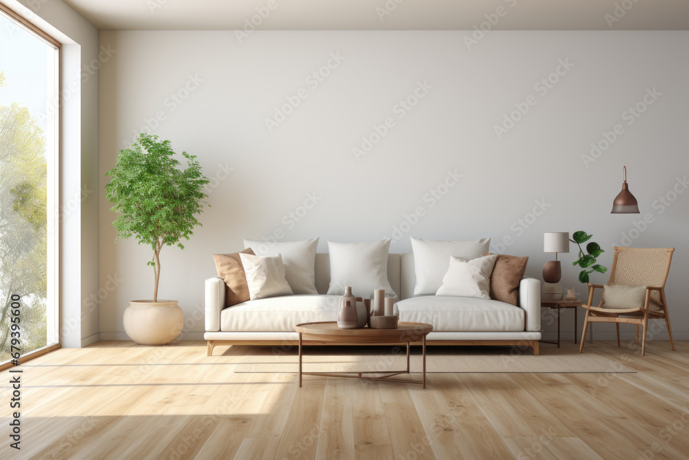 An empty living room featuring white walls and a modern interior design. Generative Ai. An empty living room featuring white walls and a modern interior design. Generative Ai.