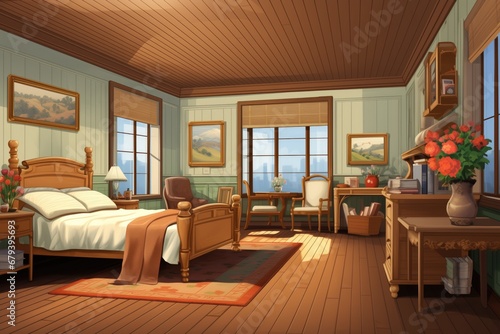 bedroom interior in a classic wood-shingle house, magazine style illustration