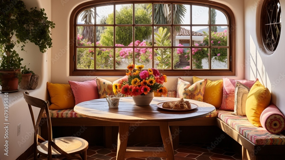 A cozy, rustic Spanish breakfast nook with a built-in bench, colorful cushions, and a round wooden table.