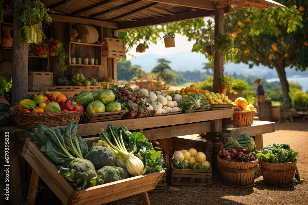 A vibrant farmer's market brimming with organic fruits, vegetables, and artisanal products, showcasing the essence of sustainable living. Generative Ai. A vibrant farmer's market brimming with organic fruits, vegetables, and artisanal products, showcasing the essence of sustainable living. Generative Ai.