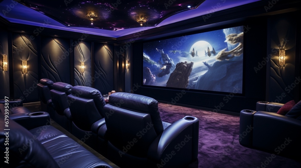 A luxurious home theater with deep purple walls, plush seating, and state-of-the-art audio-visual equipment. - obrazy, fototapety, plakaty 