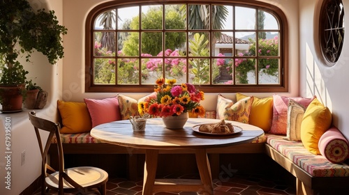 A cozy, rustic Spanish breakfast nook with a built-in bench, colorful cushions, and a round wooden table.