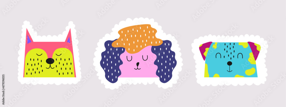 Set of illustrations of three different dogs in colorful colors. Design vector elements in flat style Set of illustrations of three different dogs in colorful colors. Design vector elements in flat style