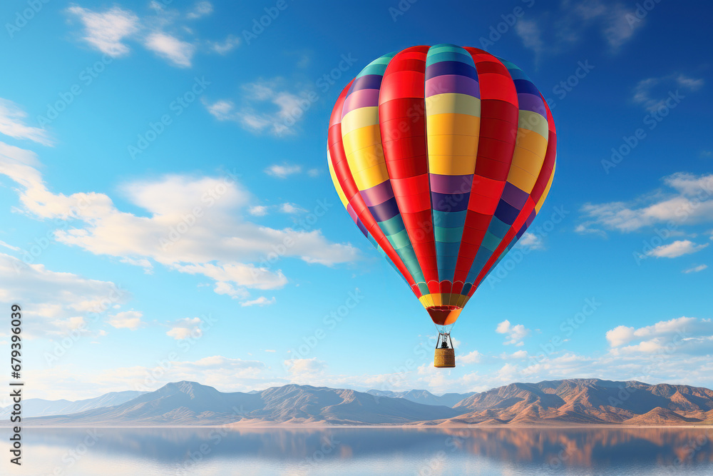 Fototapeta premium A close-up of a colorful hot air balloon floating gracefully against the backdrop of a clear, blue sky, reflecting the joy of ballooning. Generative Ai.