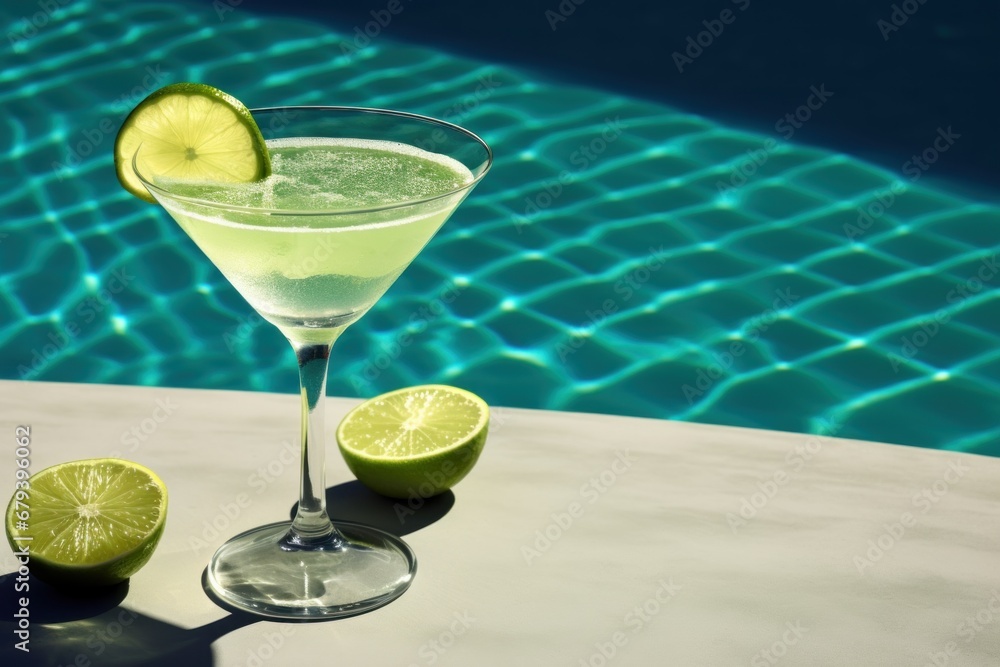 cocktail with lime slices on swimming pool background