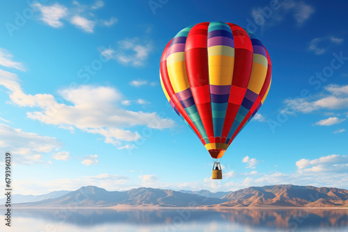 A close-up of a colorful hot air balloon floating gracefully against the backdrop of a clear, blue sky, reflecting the joy of ballooning. Generative Ai. © Sebastian