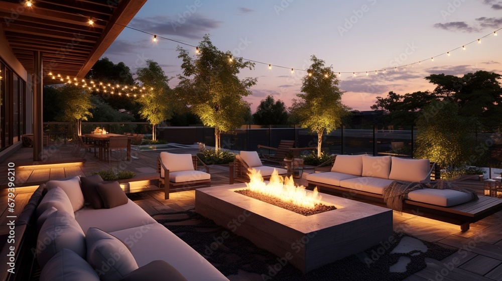 A modern, outdoor living space with modular patio furniture, an integrated fire pit, and ambient string lights.