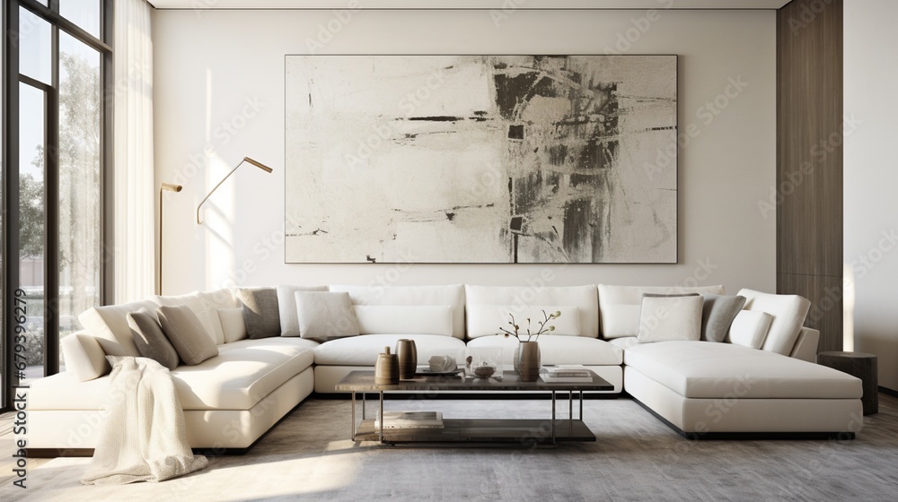 A sophisticated living room featuring a monochromatic color palette, a white sectional sofa, and an oversized, abstract metal wall art. - obrazy, fototapety, plakaty 