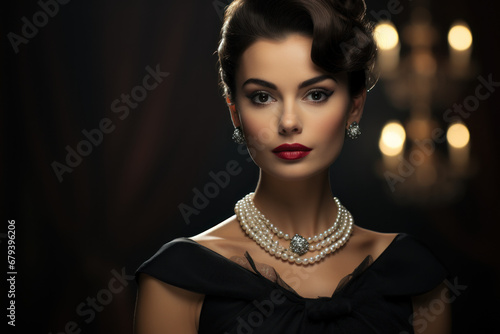 An elegant vintage woman in a classic Audrey Hepburn-inspired black dress and pearls, epitomizing timeless sophistication. Generative Ai. photo