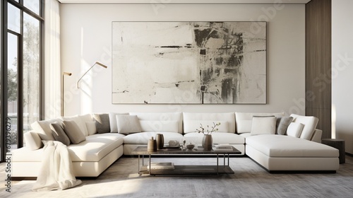 A sophisticated living room featuring a monochromatic color palette, a white sectional sofa, and an oversized, abstract metal wall art. photo