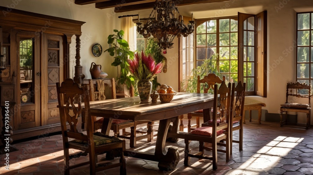 A Spanish colonial dining room with a heavy wooden table, ornate chairs, and a beamed ceiling.