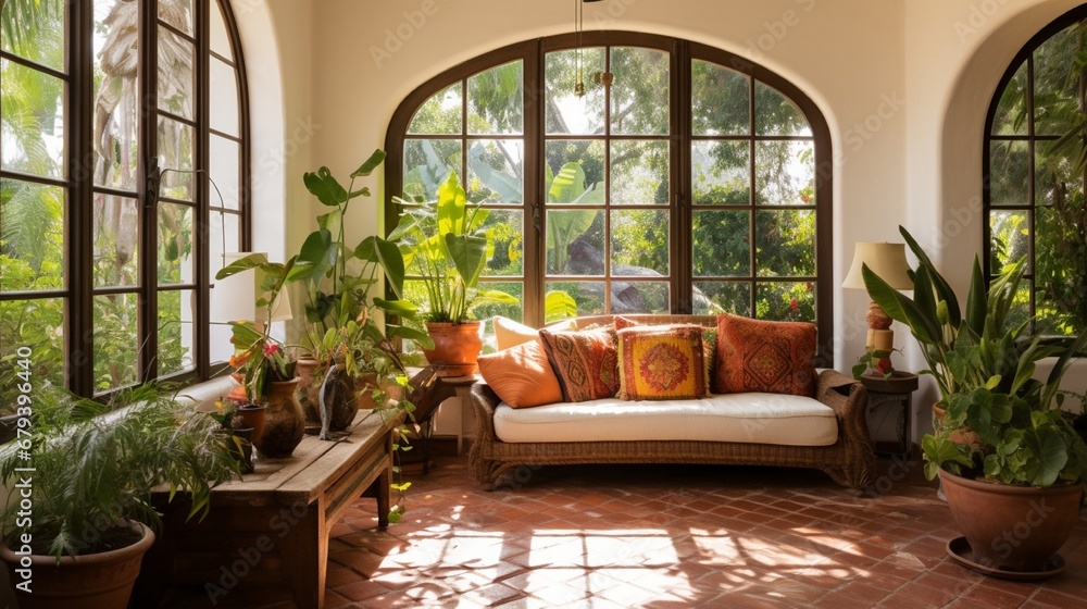 A Spanish-inspired sunroom with arched windows, terracotta floor tiles, and a collection of tropical plants.