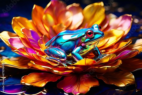 A stunning, vividly hued metallic frog and flower, showcasing a mesmerizing arrangement of petals that shimmer with a vibrant medley of colors. photo