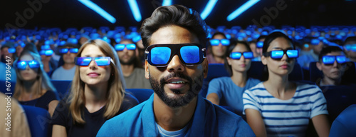 Brainwash concept of an audience watching TV. Wide shot of people wearing identical glasses watch a movie in a cinema. Crowd with the same emotions. photo