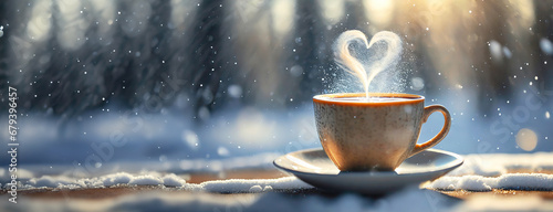 Cup of hot coffee on table on a winter snowy background. International Coffee Day. Panorama with copy space. © Igor Tichonow