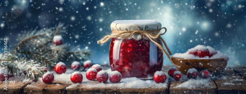Jar of cranberry jam on a snowy winter background with New Year decorations. Fresh red berries were dusted with snow.