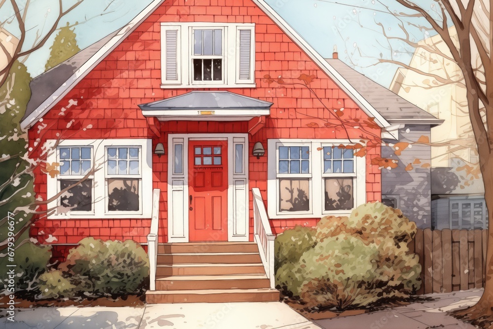 a bright red door on a shingle-style home with a gambrel roof, magazine style illustration
