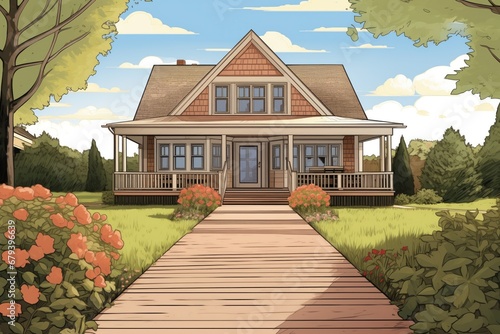 walkway leading to a shingle style house with gambrel roof, magazine style illustration photo