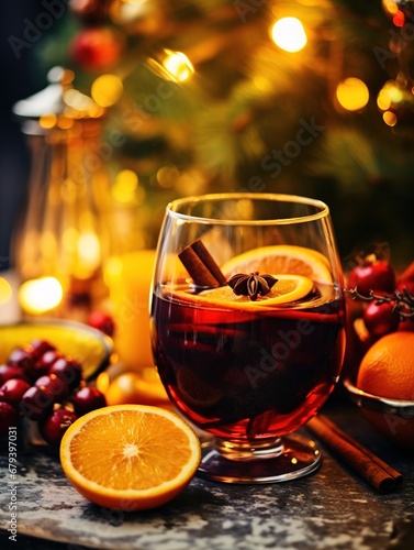 Christmas mulled red wine with aromatic spices and citrus fruits on a wooden rustic table, close-up. Traditional hot drink at Christmas time. Generative AI