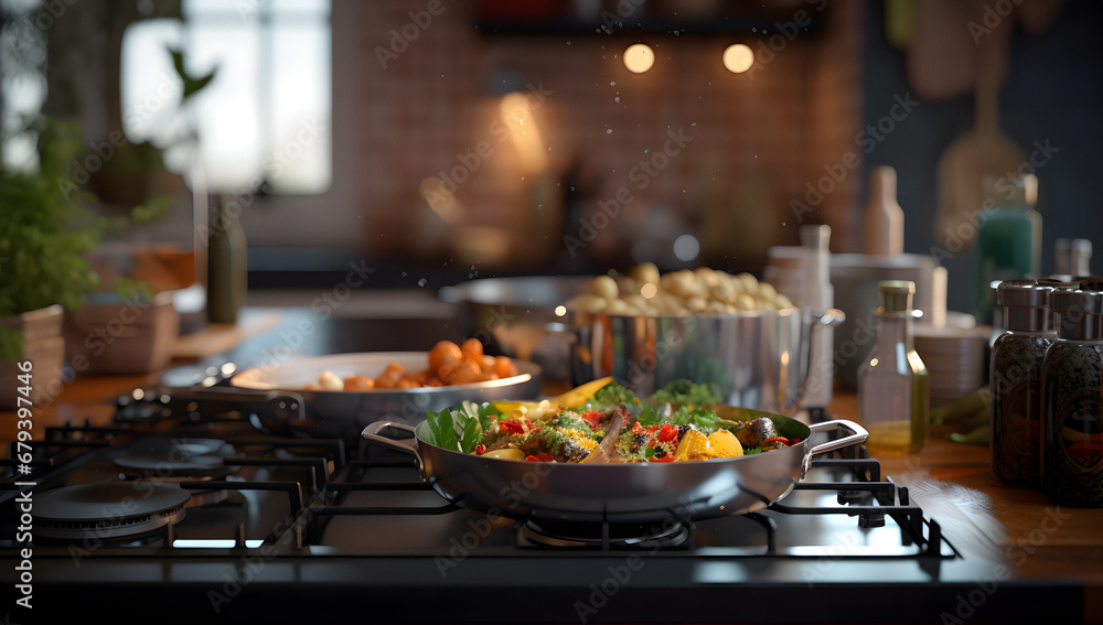 Cooks prepare meals, Modern kitchen, chef preparing food, Kitchen accessories, copy space, blurred background Cooks prepare meals, Modern kitchen, chef preparing food, Kitchen accessories, copy space, blurred background