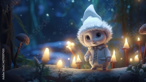 Cute little gnome in a winter forest. Ai generative