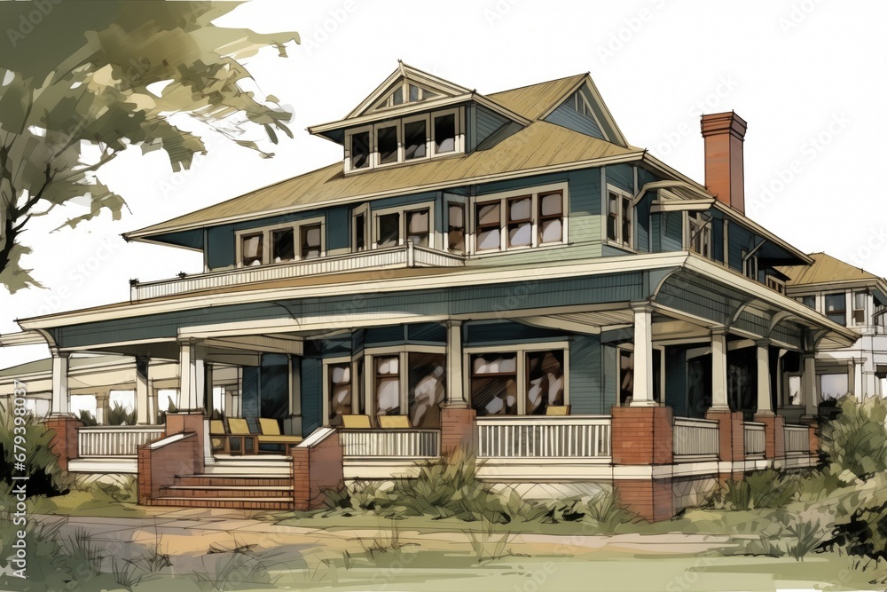 wide viewing angle of a shingle-style house with veranda wrapping around, magazine style illustration wide viewing angle of a shingle-style house with veranda wrapping around, magazine style illustration