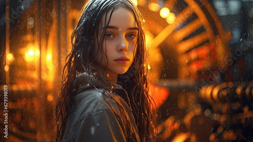 girl with long dark hair standing next to a large machine in the rain