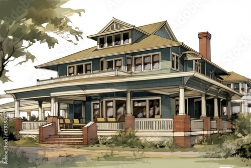 wide viewing angle of a shingle-style house with veranda wrapping around, magazine style illustration © studioworkstock