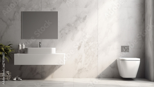 interior design of modern bathroom with gray walls  white tiled floor  sink  bathtub and two small toilet.