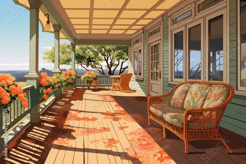 decorated veranda of a shingle-style house during a sunny day, magazine style illustration © studioworkstock