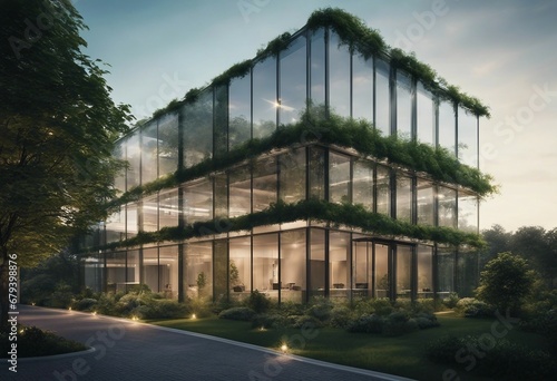 Eco-Friendly Glass Office Sustainable Building with Trees and Green Environment