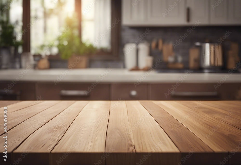 Wooden table on blurred kitchen bench background Empty wooden table and blurred kitchen background Wooden table on blurred kitchen bench background Empty wooden table and blurred kitchen background
