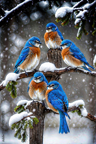 Perched gracefully on delicate, snow-laden branches, five enchanting bluebirds gather together in perfect harmony.

