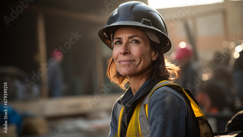 young female engineer in protective helmet with construction site