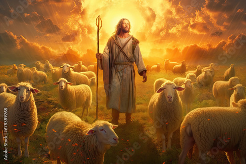 Shepherd Jesus Christ herds flock of sheep in pasture during sunrise