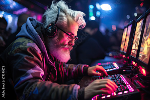 Gray-haired metrosexual man with glasses and hood is playing a colorful multiplayer game in a computer club with a neon atmosphere photo