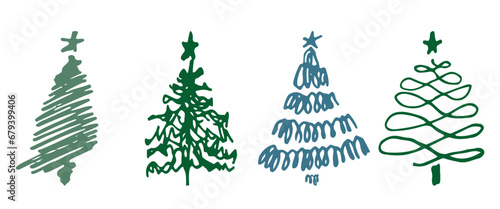 Set of Christmas tree. Sketch hand drawn xmas pattern. Doodle childlike silhouette art. Winter New year holiday firs, decor elements on isolated background. Vector vintage illustration.