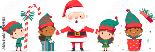 Adorable Christmas Elves and Santa Claus. Little Santa's helpers holding holiday gifts and decorations. 