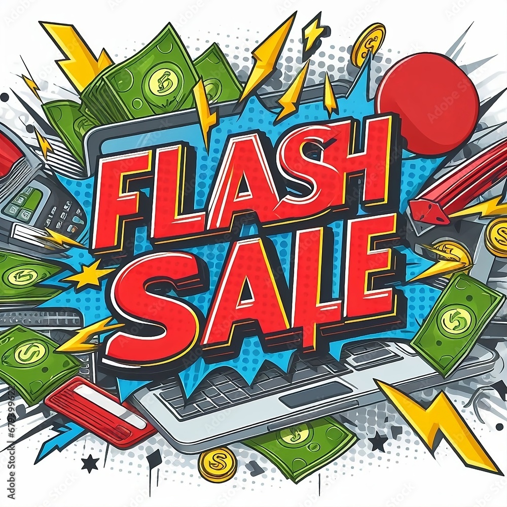 Flash sale comic style discount shopping, sale promotion and advertising. Vector illustration space for copy created with generative ai