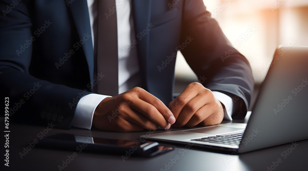 Close-up of a businessman in a blue suit and single colour professional tie, poised for professional success. Close-up of a businessman in a blue suit and single colour professional tie, poised for professional success.