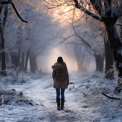 A girl walks on a path with snow © kdcreativeaivisions