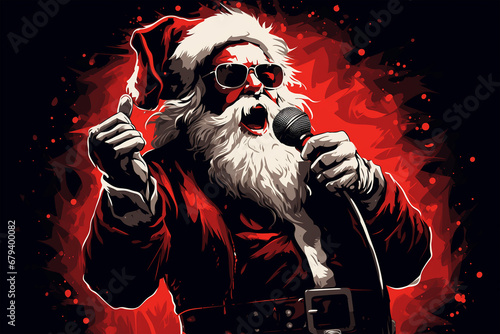 illustration of santa claus singing in rock and roll style photo