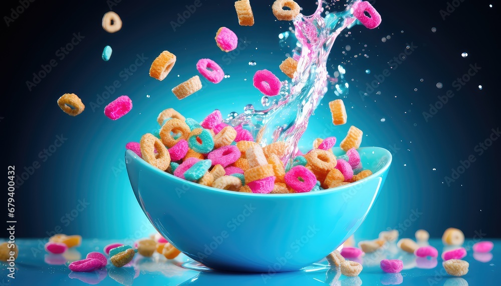 Colorful cereal in motion Freeze with water cascading into a bowl Colorful cereal in motion Freeze with water cascading into a bowl