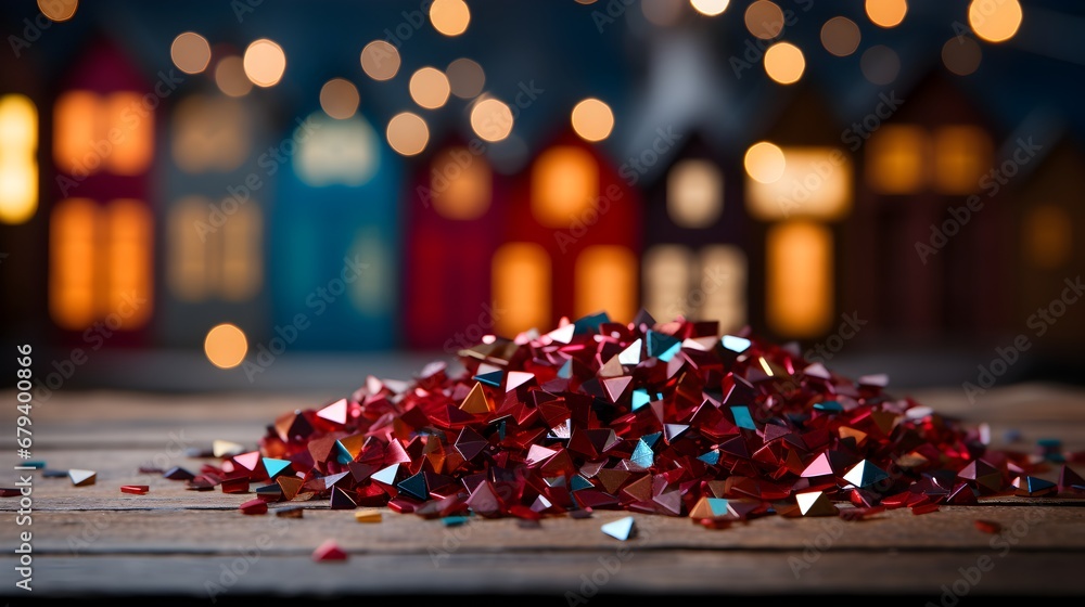 Christmas decoration background with reflection. Abstract geometric composition. Colorful bokeh background with wooden floor and copy space. Christmas decoration background with reflection. Abstract geometric composition. Colorful bokeh background with wooden floor and copy space.