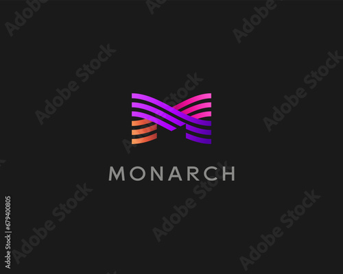 Abstract bright gradient letter M logo. Universal colorful striped monogram. Vector illustration.